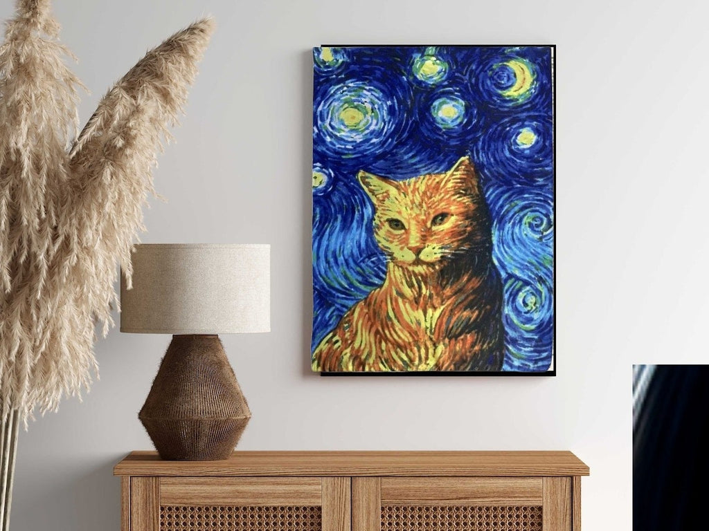 Starry Night Van Gogh with ginger cat ,starry night cat print,  Night Sky art painting , | Starry Night  | van goth art , van goth Wall Art