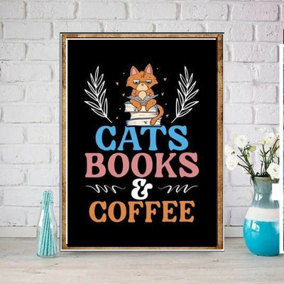 cats books and coffee  cat  poster ,tabby  Cat Wall Art - Home Decor