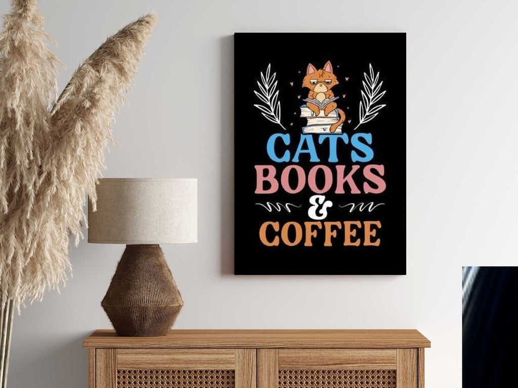 cats books and coffee  cat  poster ,tabby  Cat Wall Art - Home Decor