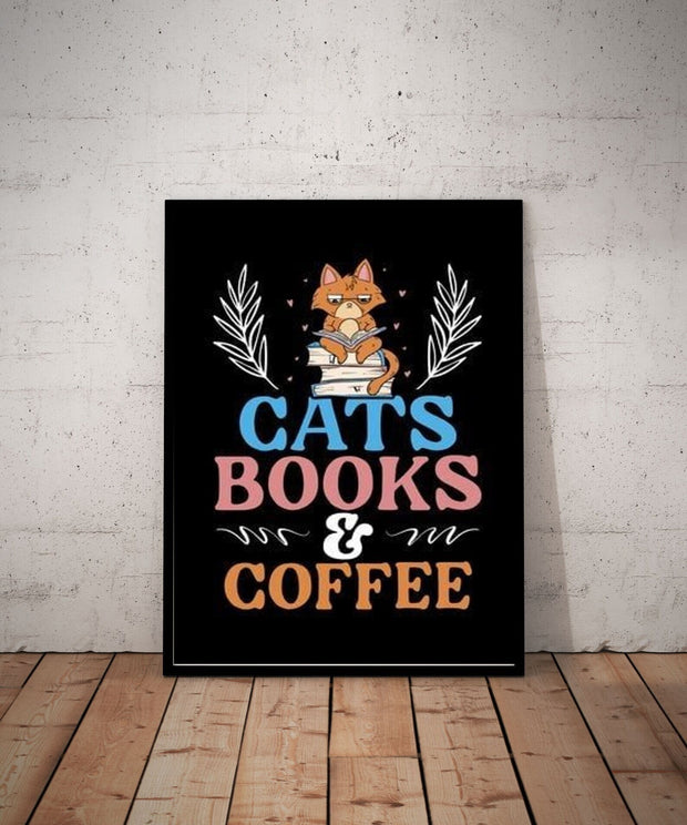 cats books and coffee  cat  poster ,tabby  Cat Wall Art - Home Decor