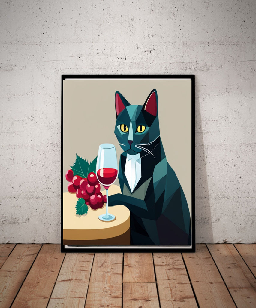 cat with glass of wine print  ,tabby  Cat Wall Art - home decor