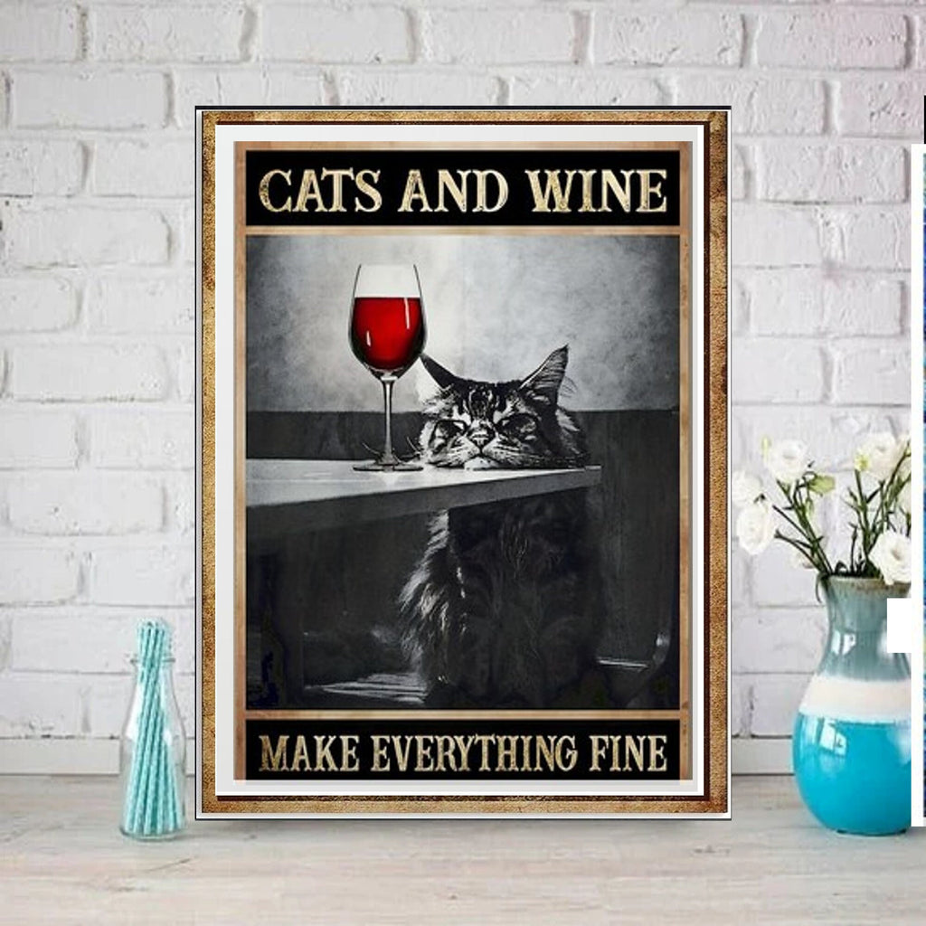 cat with glass of wine poster , tabby Cat Wall Art poster - Home Decor