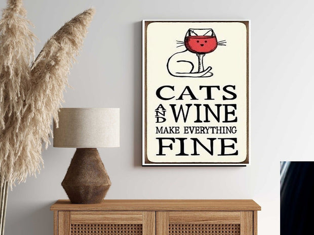 cats and wine makes it fine tabby cat poster , Black Cat Wall Art -