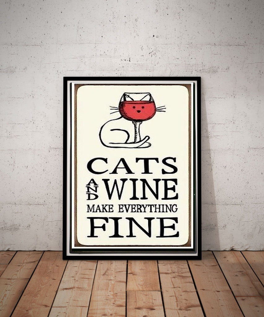 cats and wine makes it fine tabby cat poster , Black Cat Wall Art -