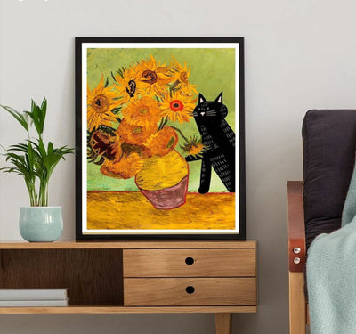 black cat knocking over sunflowers  poster, van goth sunflowers painting, Black Cat Wall Art -Black Cat Print,Black Cat Artwork ,Home Decor