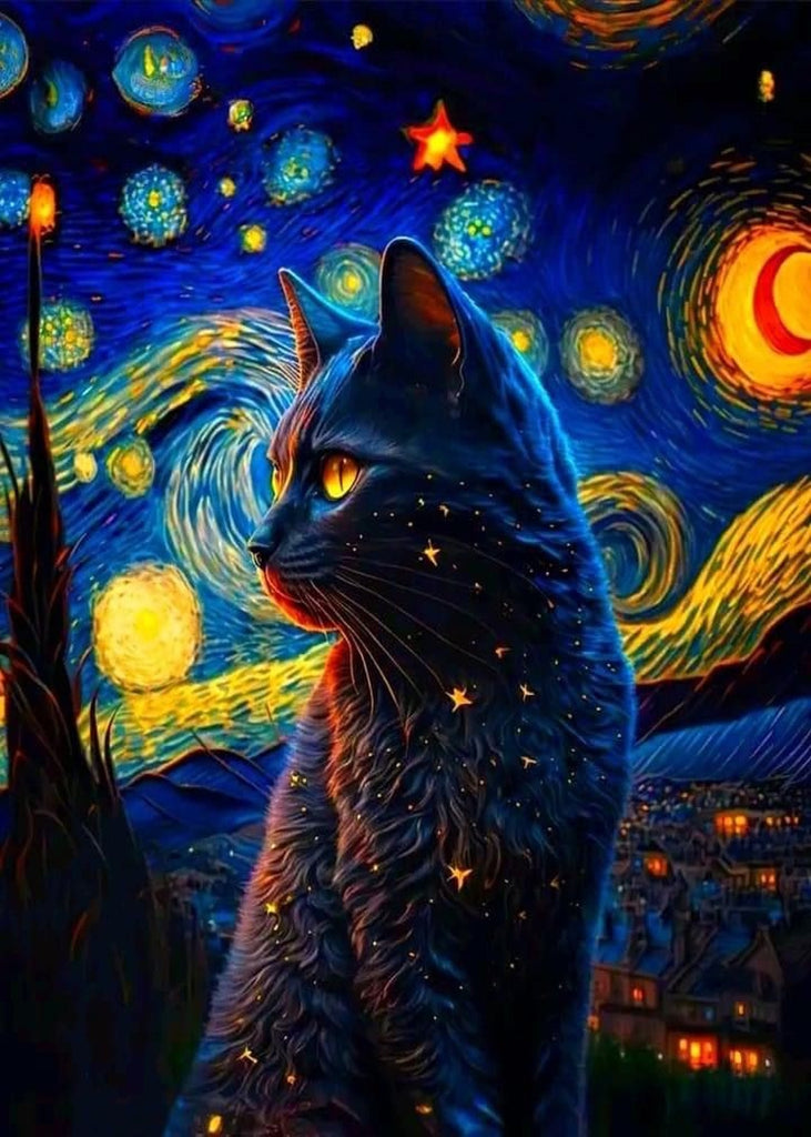 Starry Night Van Gogh with black cat ,starry night cat print,  Night Sky art painting , | Starry Night  | van goth art , van goth Wall Art