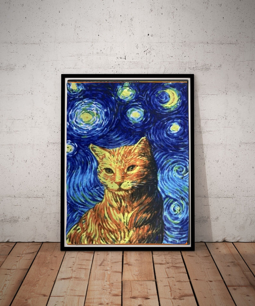 Starry Night Van Gogh with ginger cat ,starry night cat print,  Night Sky art painting , | Starry Night  | van goth art , van goth Wall Art