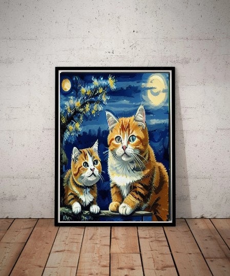 Van Goth Starry Night with ginger cats  ,  van goth starry Night Poster | Starry Night Canvas |  van goth poster,van goth  Wall Art