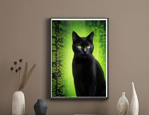 black cat in matrix  , Black Cat Wall Art -matrix code with cat , Black Cat Print - -Black Cat Artwork - Home Decor