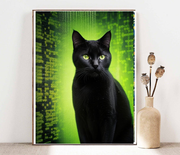 black cat in matrix  , Black Cat Wall Art -matrix code with cat , Black Cat Print - -Black Cat Artwork - Home Decor