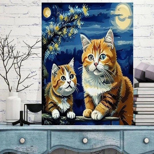 Van Goth Starry Night with ginger cats  ,  van goth starry Night Poster | Starry Night Canvas |  van goth poster,van goth  Wall Art