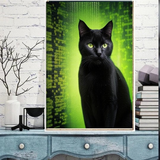 black cat in matrix  , Black Cat Wall Art -matrix code with cat , Black Cat Print - -Black Cat Artwork - Home Decor