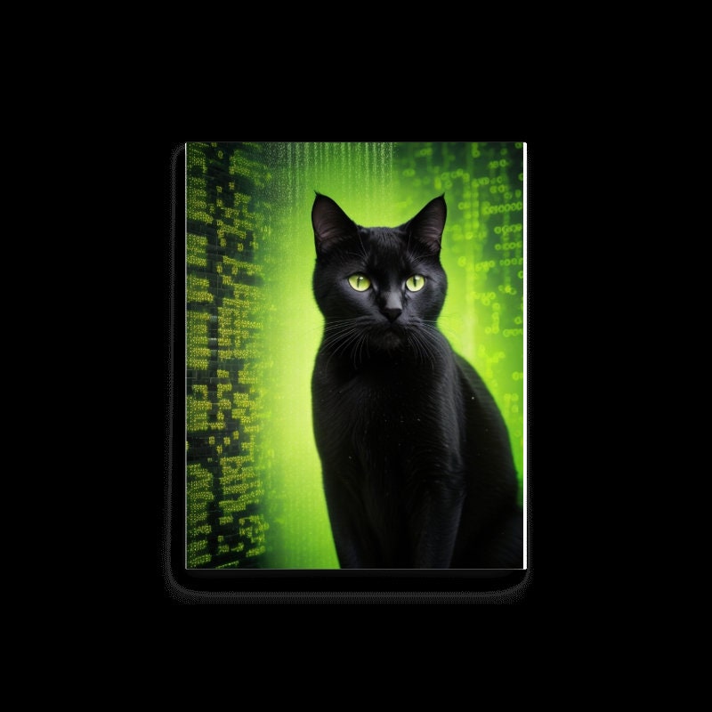 black cat in matrix  , Black Cat Wall Art -matrix code with cat , Black Cat Print - -Black Cat Artwork - Home Decor