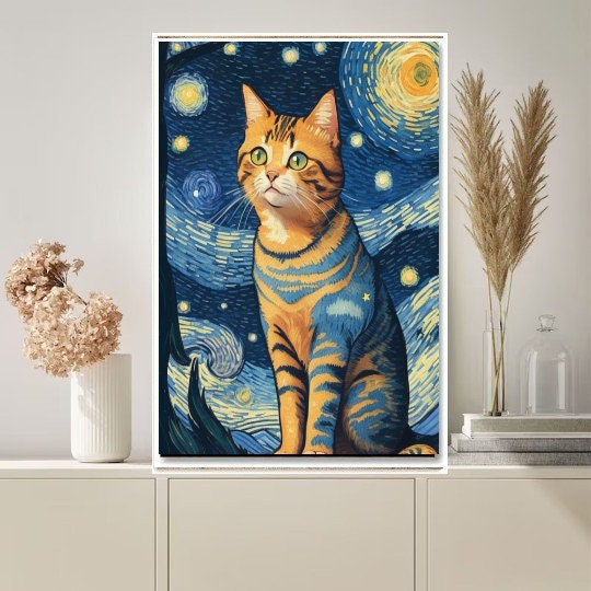 Van Goth Starry Night with ginger cat print,   van goth starry Night Poster | Starry Night Canvas |    cat-poster,  van goth  Wall Art