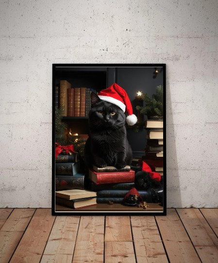 black cat wearing santas hat poster , Black Cat Wall Art - Black Cat Print -Black Cat Artwork - Home Decor