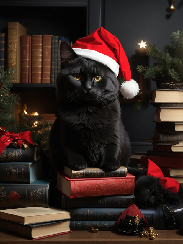 black cat wearing santas hat poster , Black Cat Wall Art - Black Cat Print -Black Cat Artwork - Home Decor