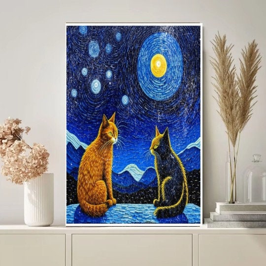 Vincent van Gogh - The Starry Night - 1889 - Famous Paintings - Vintage Art Poster with cats  t