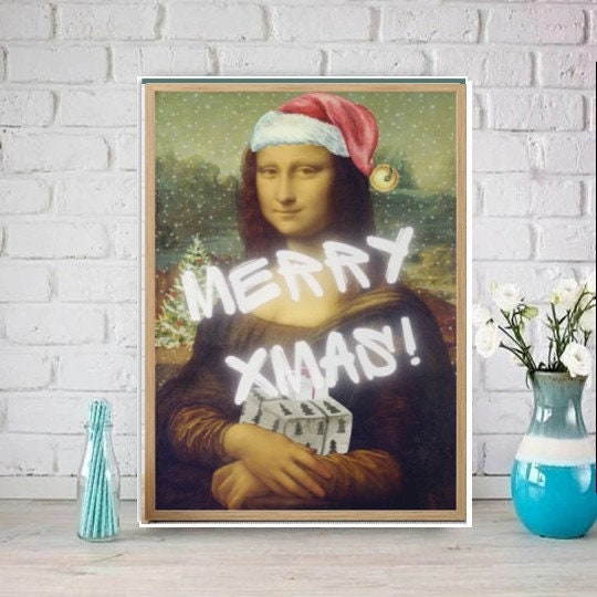 mona lisa in santas hat ,Original Oil Painting  de vinci Portrait Poster