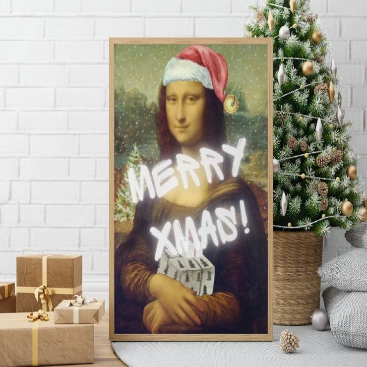 mona lisa in santas hat ,Original Oil Painting  de vinci Portrait Poster