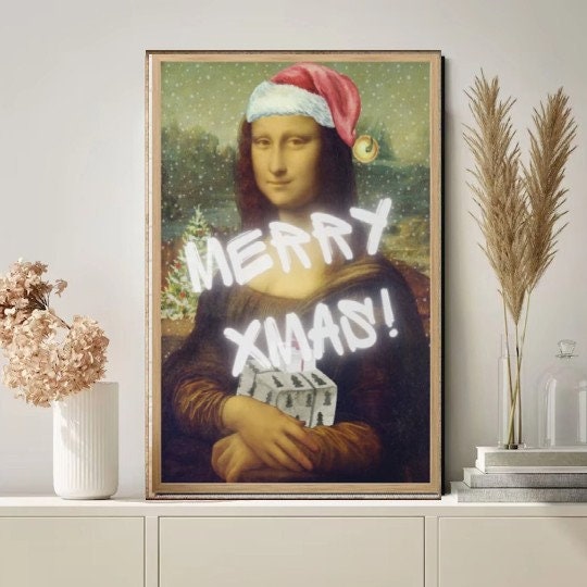 mona lisa in santas hat ,Original Oil Painting  de vinci Portrait Poster