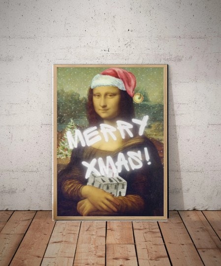 mona lisa in santas hat ,Original Oil Painting  de vinci Portrait Poster