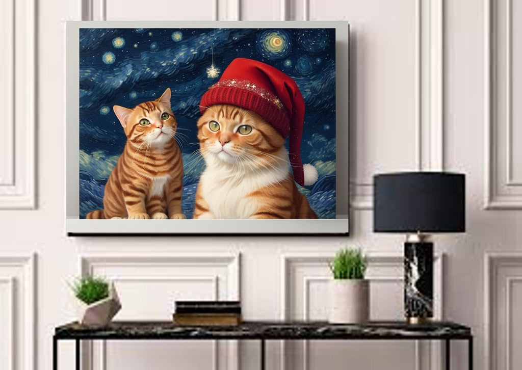 Vincent van Gogh - The Starry Night - Famous Paintings -tabby cat wearing santas hat , Vintage Art Poster with cats   - Home Decor -