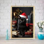 black cat wearing santas hat poster , Black Cat Wall Art - Black Cat Print -Black Cat Artwork - Home Decor