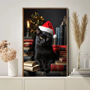 black cat wearing santas hat poster , Black Cat Wall Art - Black Cat Print -Black Cat Artwork - Home Decor