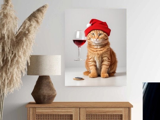 tabby cat with santas hat  poster , tabby Cat Wall Art - tabby Cat Print - tabby Cat Artwork - Home Decor