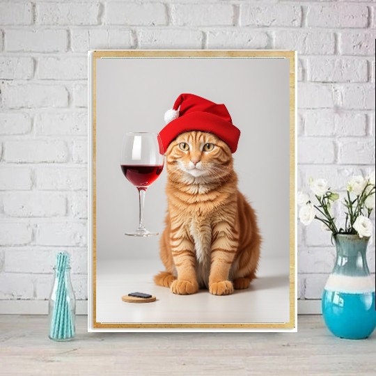 tabby cat with santas hat  poster , tabby Cat Wall Art - tabby Cat Print - tabby Cat Artwork - Home Decor