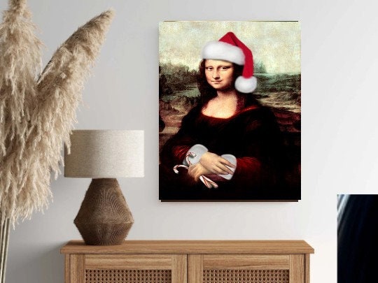 Mona Lisa in santas hat   Print, Original Oil Painting  de vinci Portrait Poster, altered mona lisa ,print Vintage Wall Art, Unique Gift