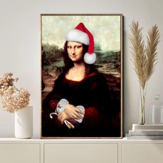 Mona Lisa in santas hat   Print, Original Oil Painting  de vinci Portrait Poster, altered mona lisa ,print Vintage Wall Art, Unique Gift