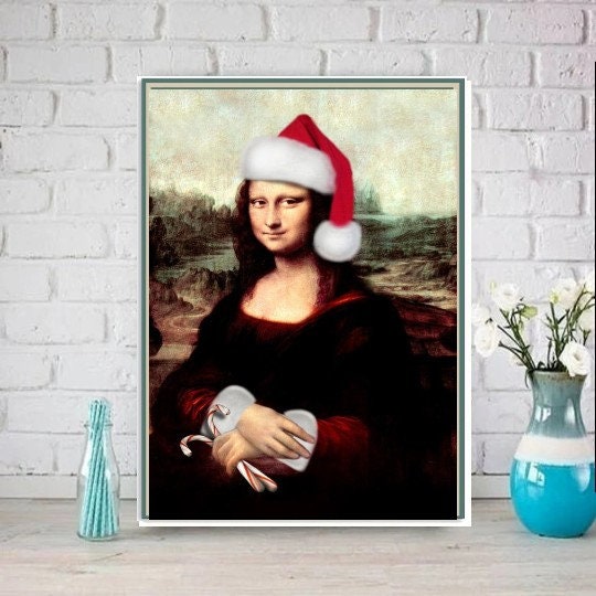 Mona Lisa in santas hat   Print, Original Oil Painting  de vinci Portrait Poster, altered mona lisa ,print Vintage Wall Art, Unique Gift