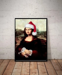 Mona Lisa in santas hat   Print, Original Oil Painting  de vinci Portrait Poster, altered mona lisa ,print Vintage Wall Art, Unique Gift