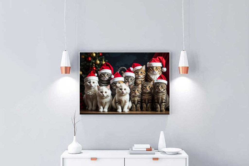 tabby cats cats  with santas hat ,Cat Wall Art Cat Print - Cat Artwork - Home Decor