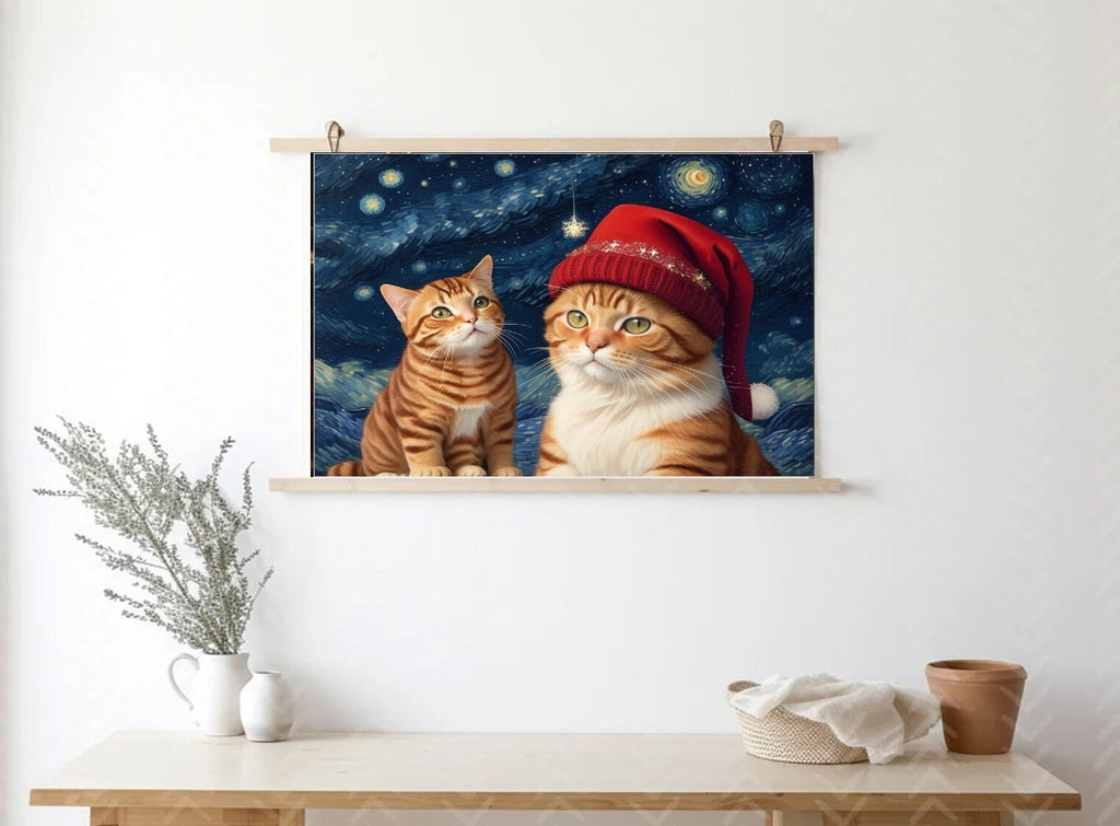 Vincent van Gogh - The Starry Night - Famous Paintings -tabby cat wearing santas hat , Vintage Art Poster with cats   - Home Decor -