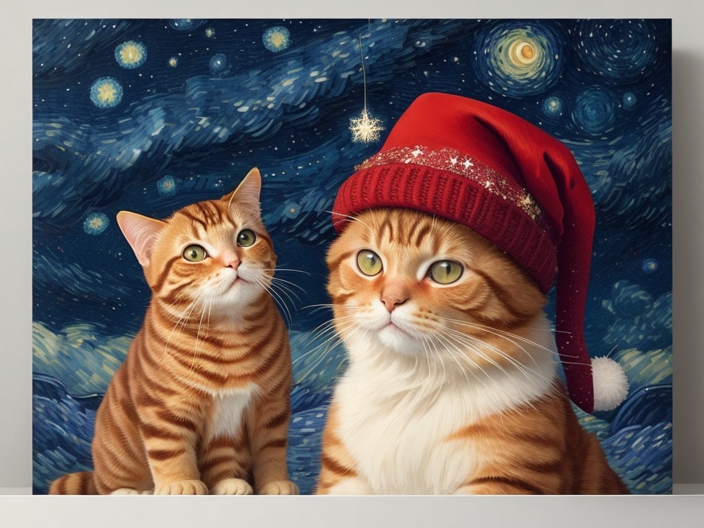 Vincent van Gogh - The Starry Night - Famous Paintings -tabby cat wearing santas hat , Vintage Art Poster with cats   - Home Decor -